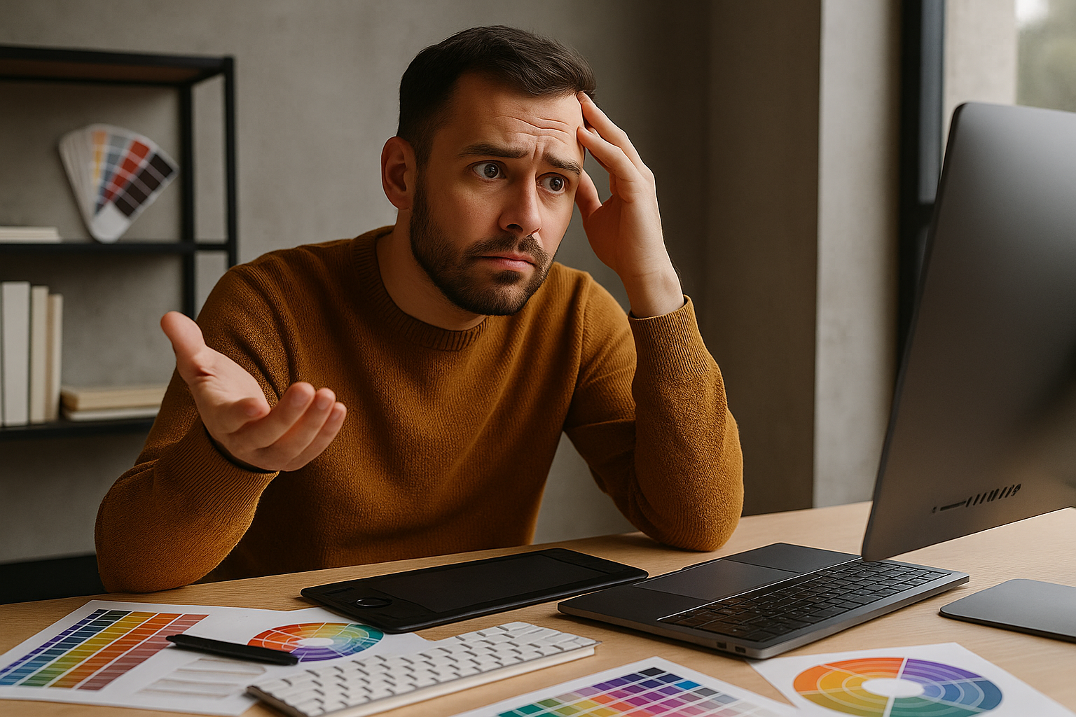 A graphic designer in his 30s sitting at his desk, looking thoughtful and concerned while reviewing a relocation offer, symbolising the stress of a big career decision.