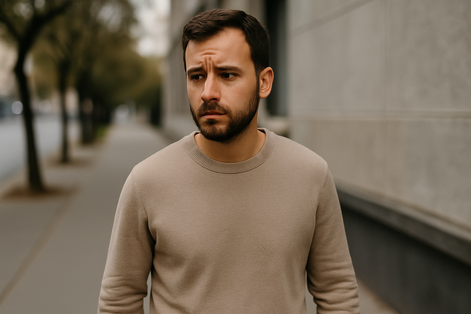 A young man walking alone outdoors with a concerned expression, symbolising financial stress and uncertainty about future decisions.