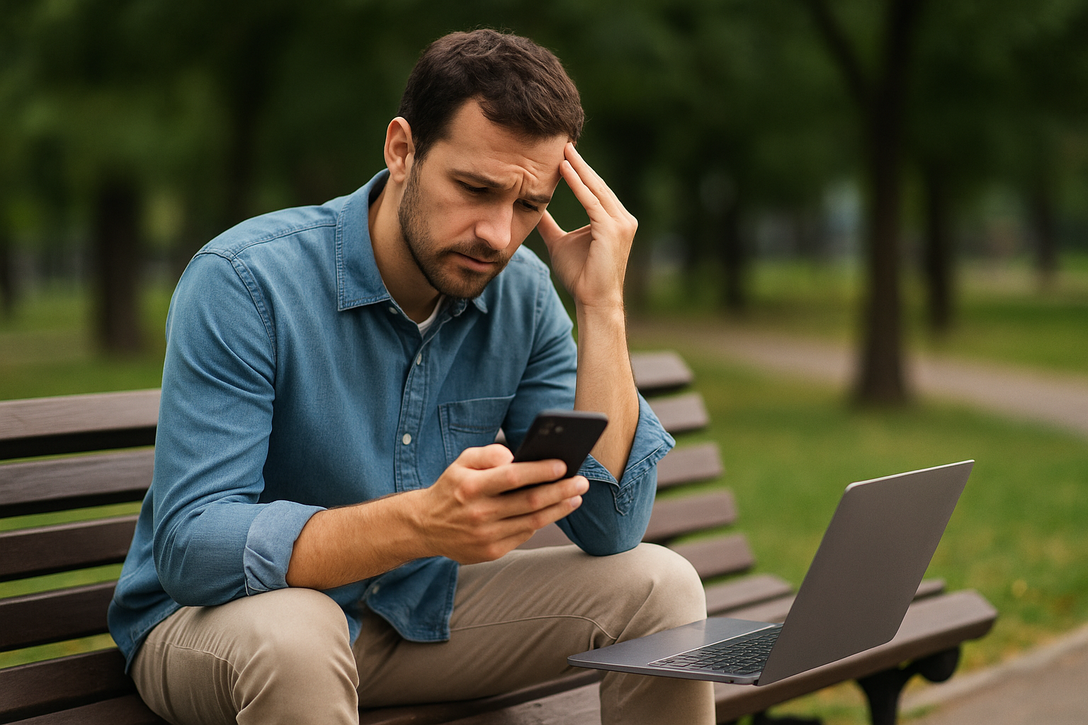 A young man reviewing his finances on a bench with his phone, symbolising tech-enabled investing