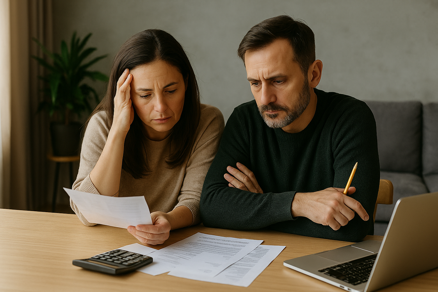 Middle-aged couple reviewing household finances at a table, appearing concerned as they examine bills and use a calculator, representing financial stress and the importance of budgeting.
