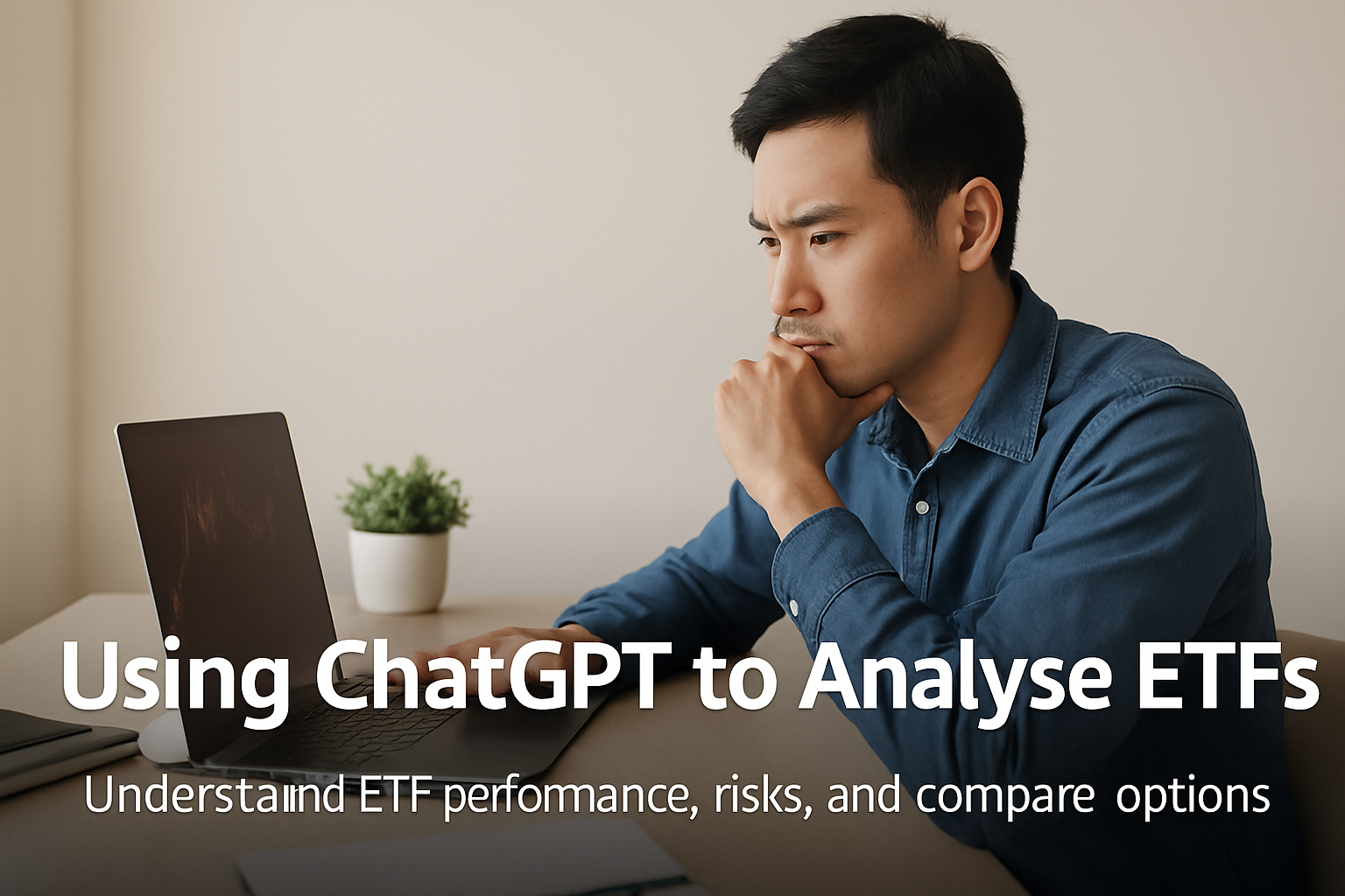 A young man sitting at his desk researching investments on his laptop, symbolising the power of AI investing tools like ChatGPT.