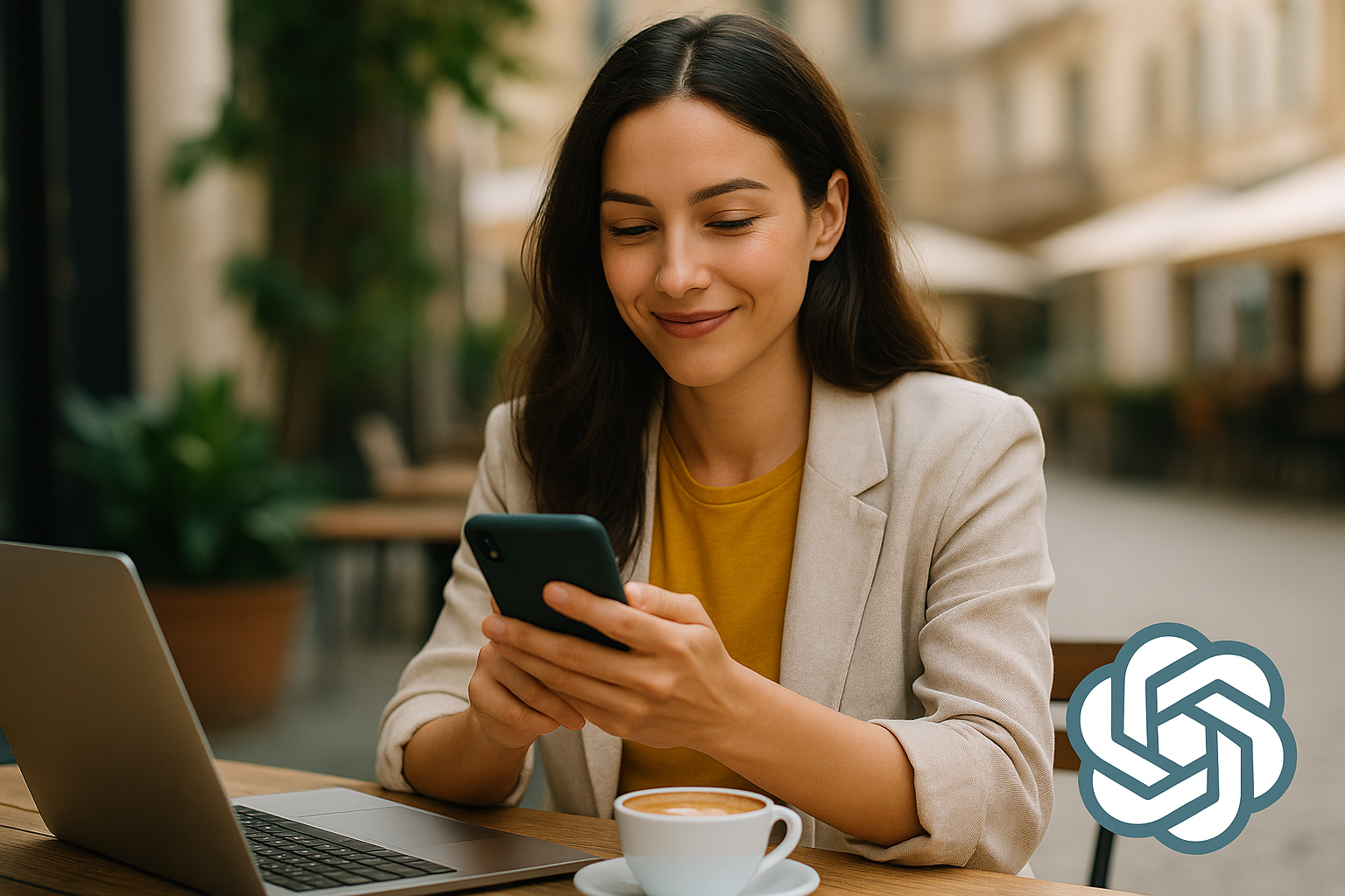 A young woman using her smartphone to manage her finances while sitting on a bench outdoors, representing modern digital side hustles.