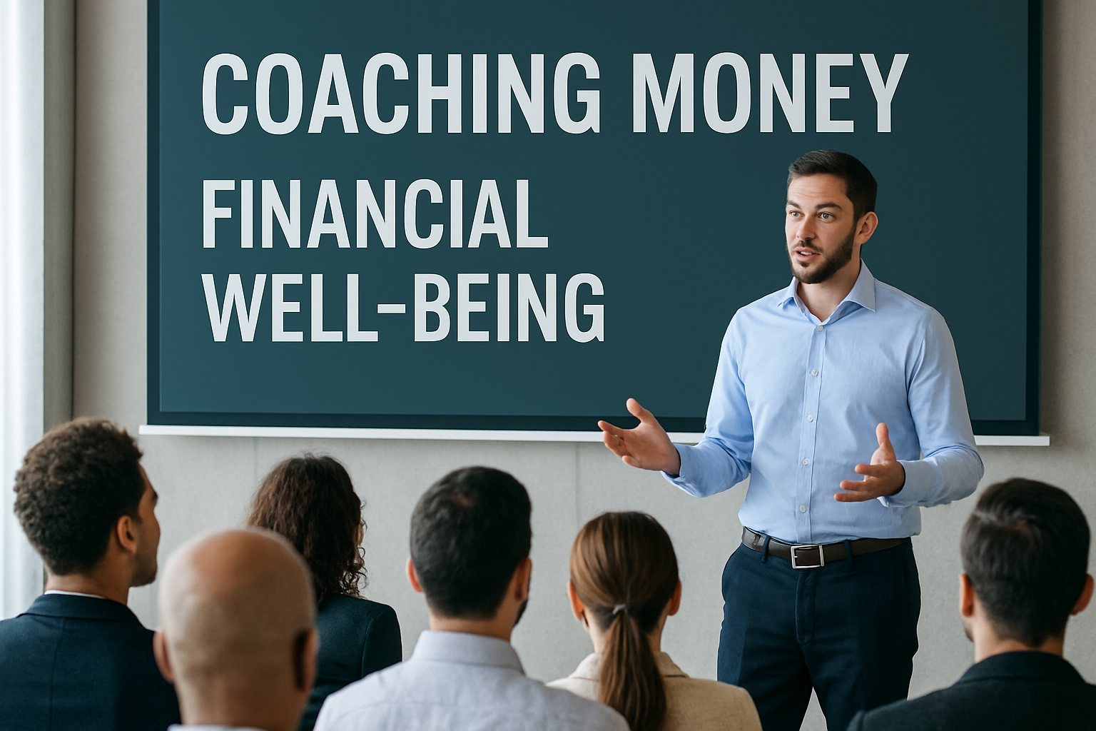 A professional financial coach walking confidently outside a modern office building, symbolizing personal growth and career success in the field of money coaching.