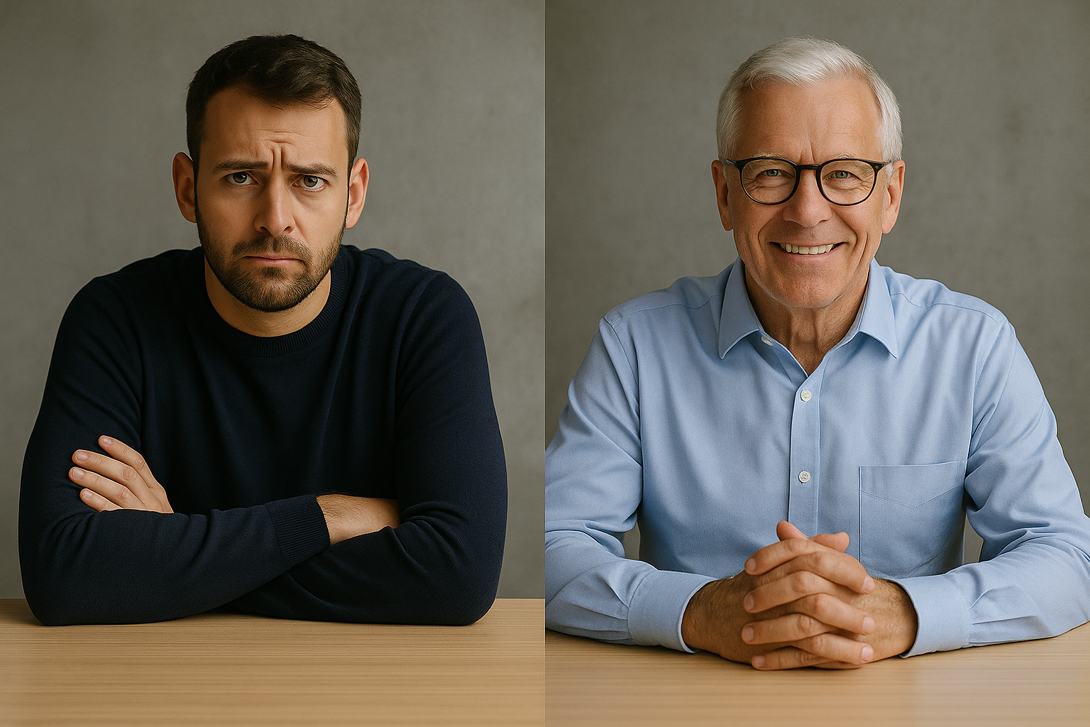 Side-by-side visual comparison of two individuals with contrasting expressions and postures, symbolising the mindset differences between financially successful and financially stuck people.
