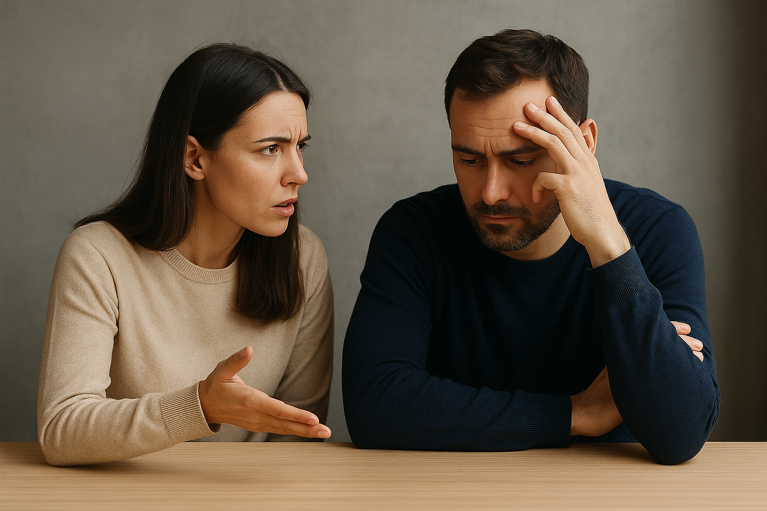A man and woman sitting on a sofa looking tense and emotionally distant, reflecting financial disagreement or conflict in a relationship.