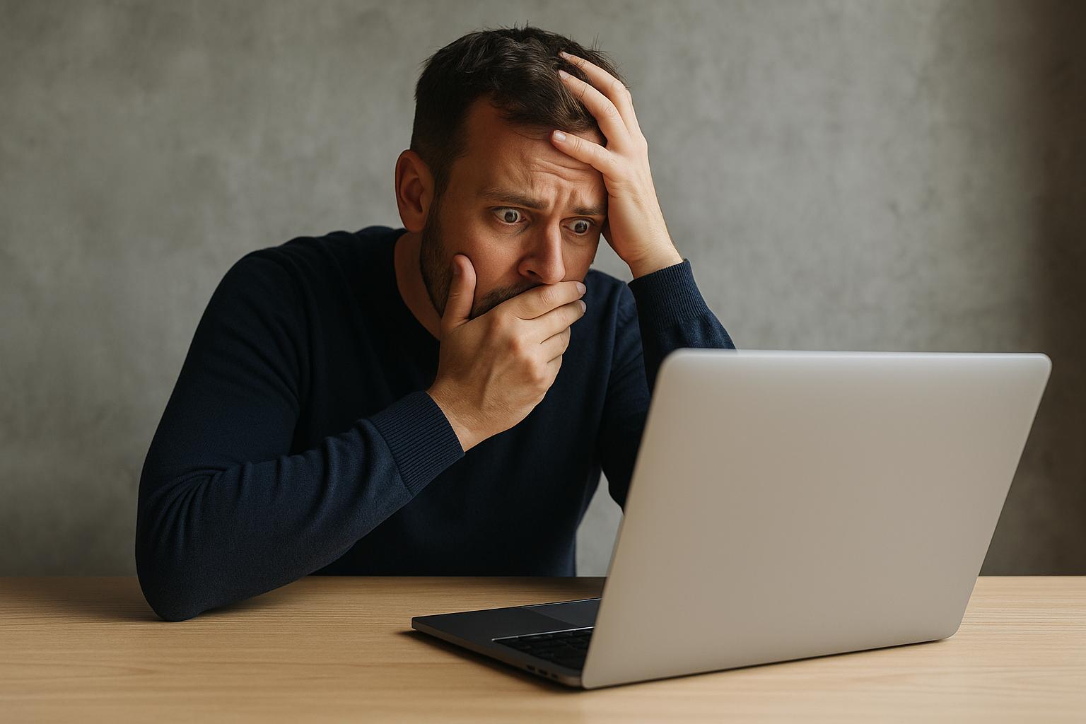 Stressed man reacting to a financial loss while staring at his laptop, symbolizing the emotional impact of crypto trading mistakes.