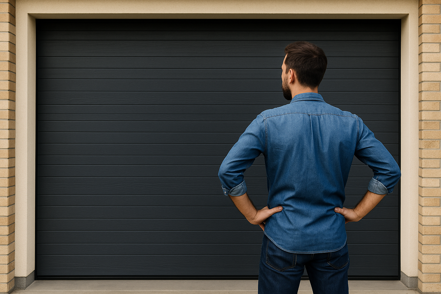 A man standing in front of a large garage door, pondering a life decision.