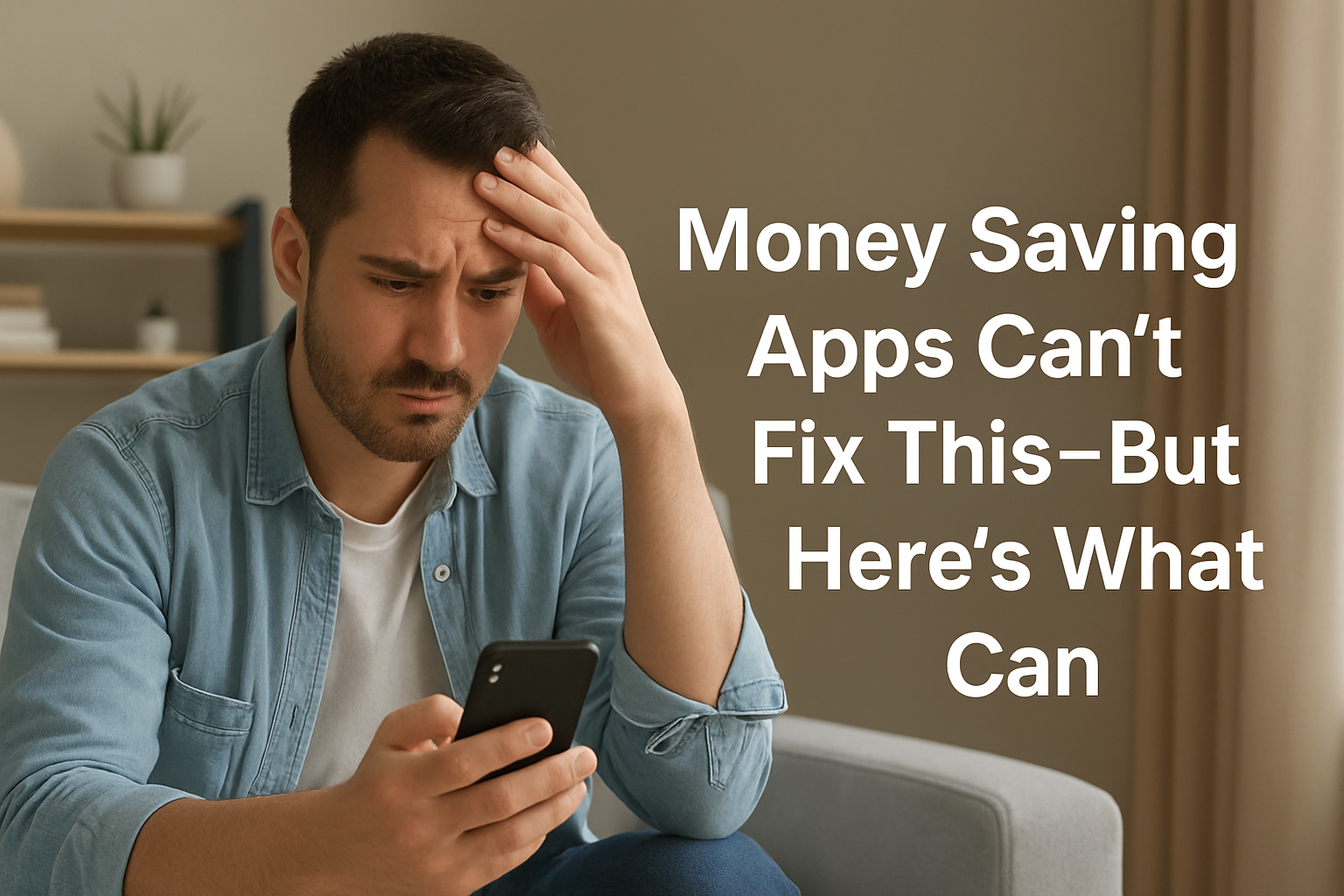 A young man sits on a couch looking concerned as he checks his smartphone, reflecting the anxiety of managing personal finances despite a high income.