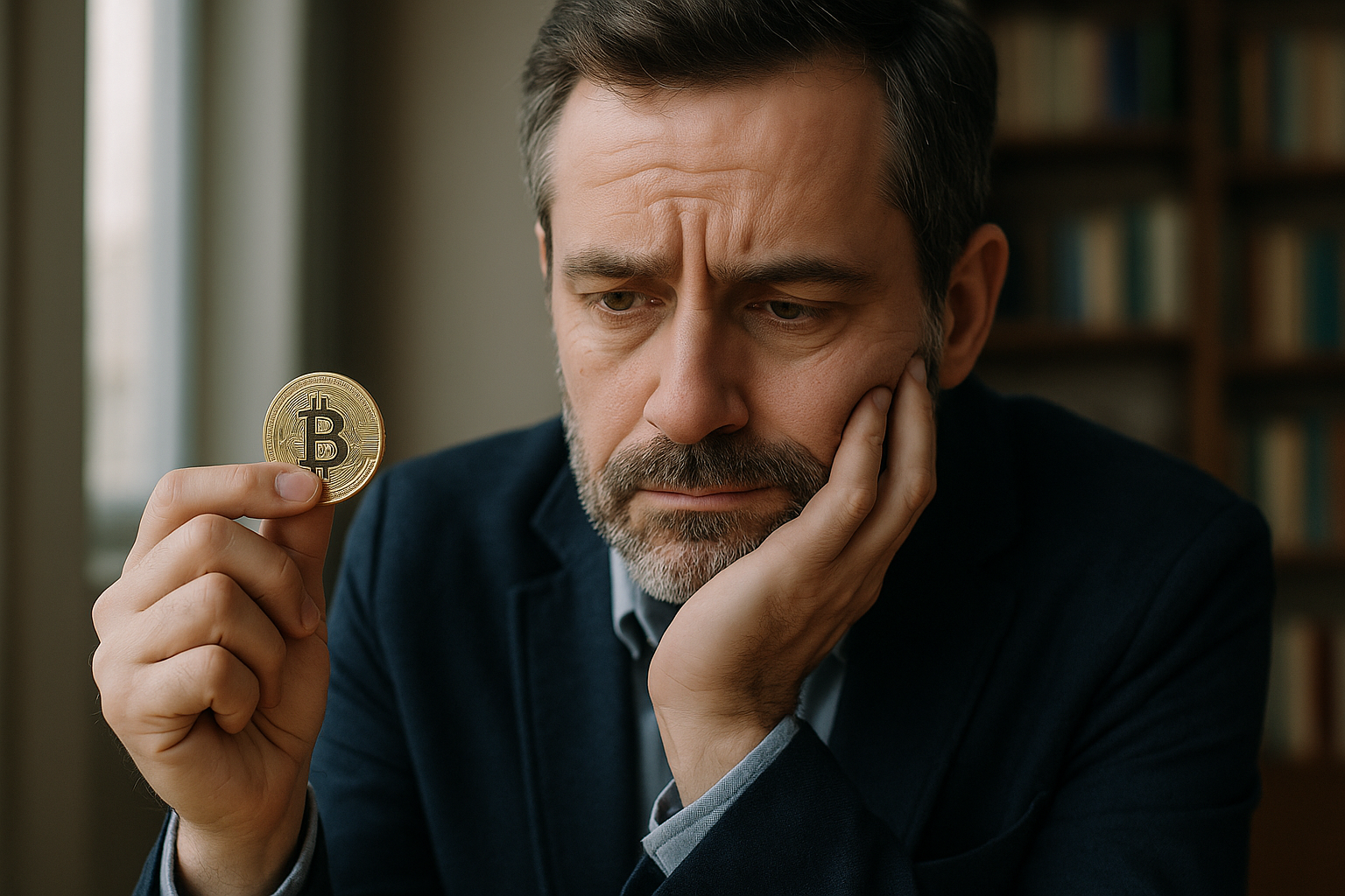 A thoughtful middle-aged man sitting at a café table with a laptop and a coffee, symbolising reflection on financial decisions like bitcoin investing.