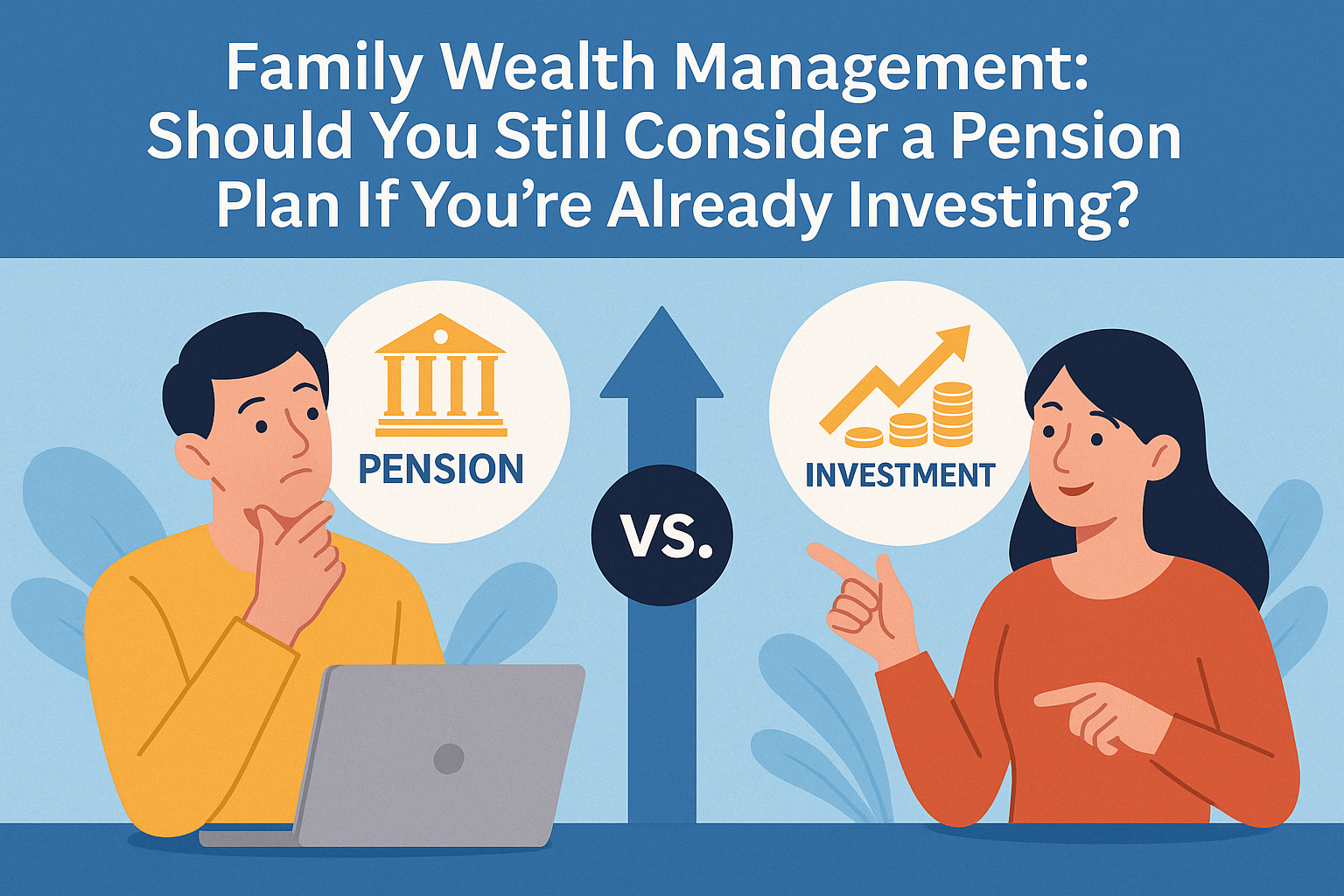 A young investor reviews family wealth management options on a tablet, with icons of ETFs, pension plans, and financial graphs in the background.