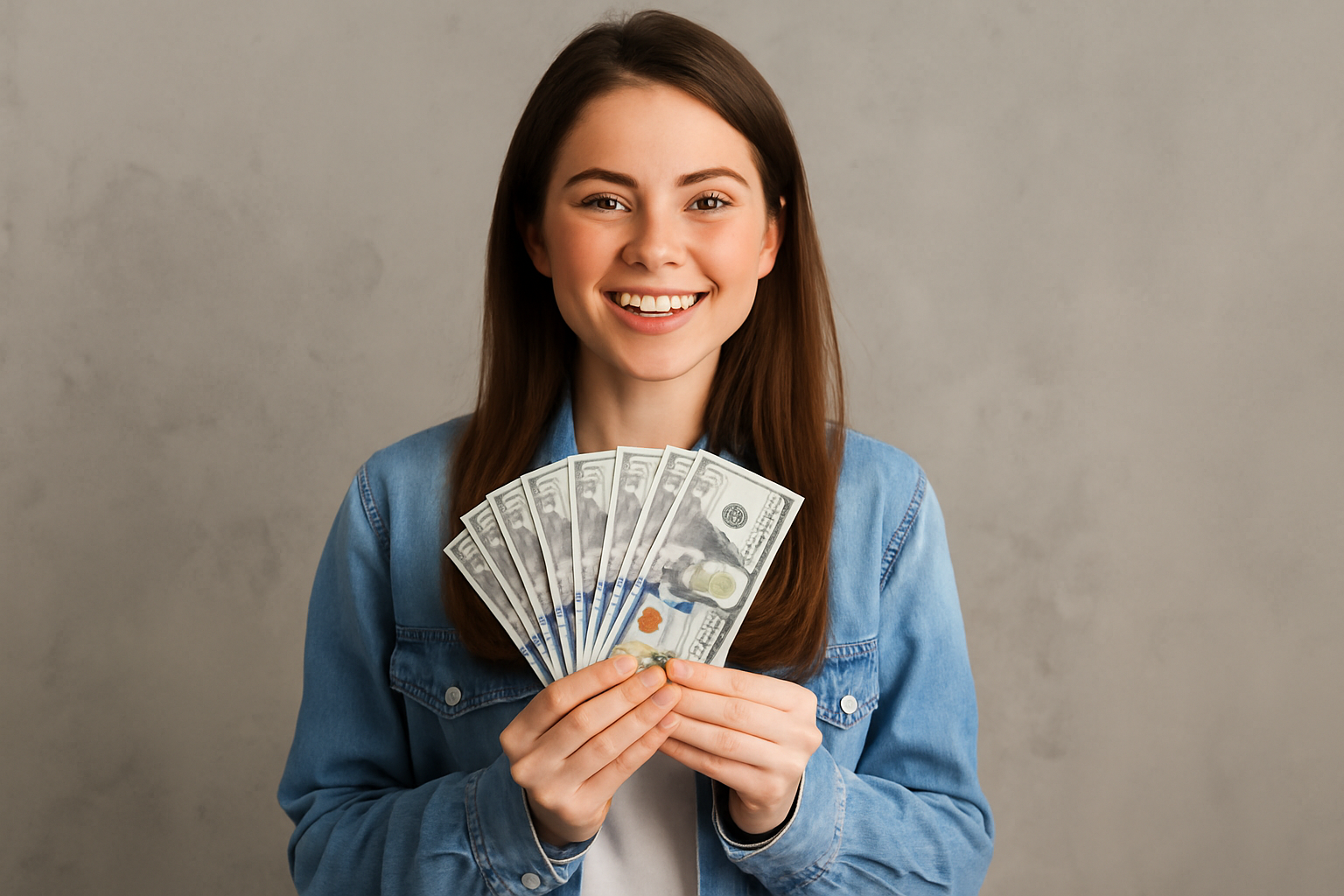 A young woman joyfully holding Euro bills in her hands, standing outside with a confident expression, symbolising quick and easy cash opportunities.