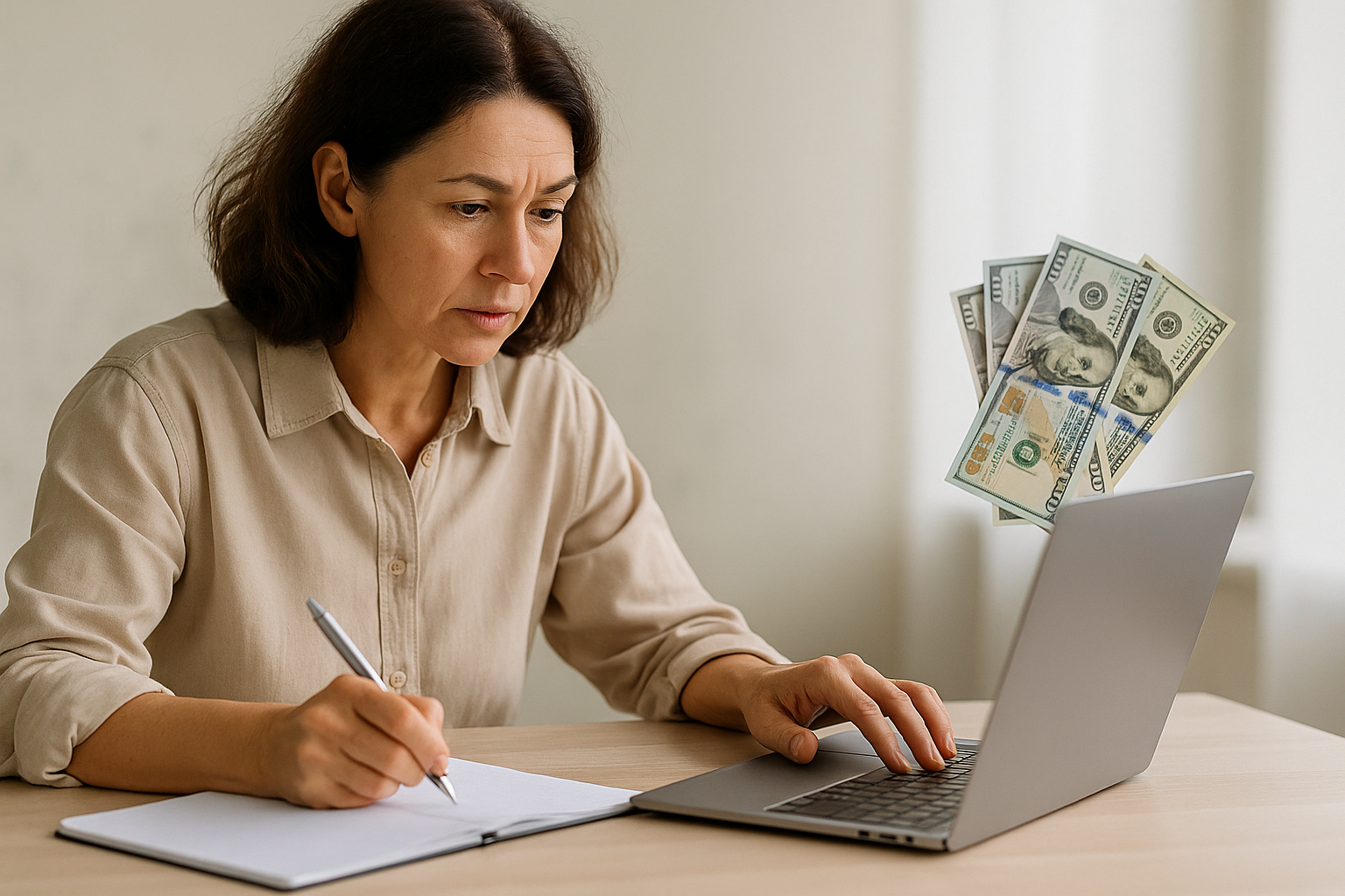 A middle-aged woman with light skin sits at a home desk, reading a law textbook while holding a pen and taking notes, symbolising mature education and career transition.